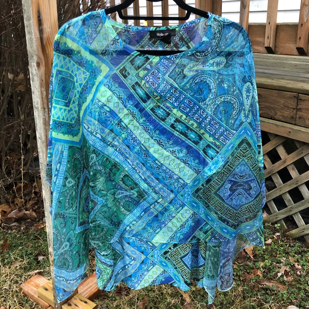 Teal Multi-Print Chiffon Poncho Top! NEW!